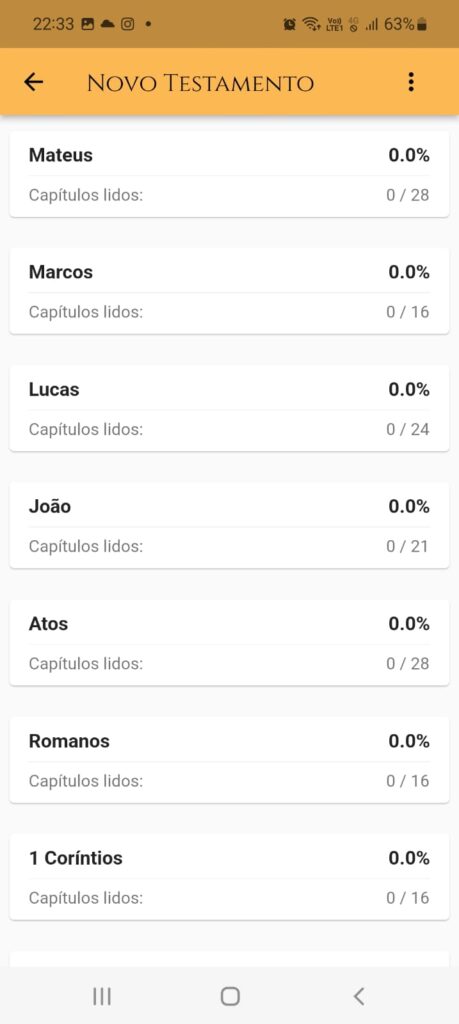 Tela de listagem dos livros do testamento selecionado
